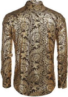 Experience elegant style with our Men's Elegant Paisley Gold Floral Printed Dress Shirts. Made with high-quality material, these shirts feature a sophisticated and unique paisley gold floral print. Perfect for any special occasion or formal event, these shirts will elevate your wardrobe and make a lasting impression. Size Chest Waist XXS 29 - 31 27 - 29 XS 30 - 32 28 - 30 S 34 - 36 30 - 32 M 38 - 40 32 - 33 L 42 - 44 33 - 34 XL 46 - 48 36 - 38 2XL 48 - 50 40 - 42 3XL 50 - 52 44 - 48 Elegant Formal Patterned Shirt, Elegant Patterned Formal Shirt, Elegant Formal Paisley Print Top, Formal Fitted Gold Shirt, Formal Patterned Shirt With Floral Print, Formal Festive Long Sleeve Tops, Elegant Paisley Print Formal Top, Elegant Floral Print Shirt For Party, Gold Shirt For Fall Party