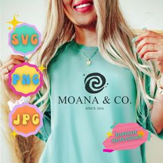 a woman with long blonde hair wearing a blue t - shirt that says moan & co