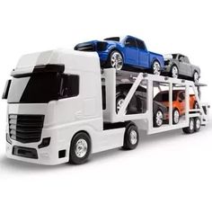 a toy truck with cars on the back