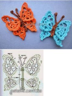 crochet butterfly appliques are shown in three different colors and sizes, one is orange, the other is blue