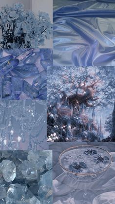 there are many different pictures with blue and white colors on them, including snowflakes