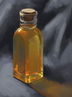 an oil painting of a glass bottle on a black background