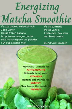 a green smoothie in a tall glass surrounded by spinach leaves with information about the ingredients