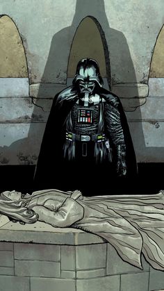 darth vader standing in front of a bed