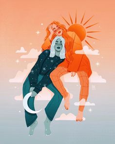 an illustration of two people hugging each other with the sun in the sky behind them