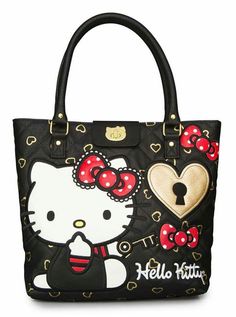 a hello kitty handbag with hearts and bows on the front, featuring an image of a