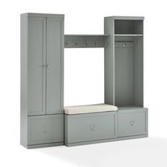 a gray closet with two drawers and a bench