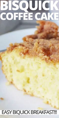 a close up of a piece of cake on a plate with the words bisquick coffee cake