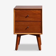 a wooden nightstand with two drawers on one side and an open drawer on the other