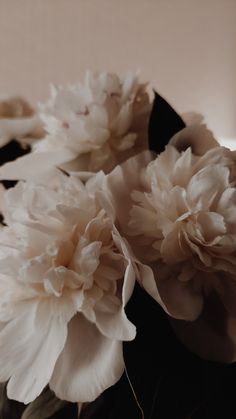 some white flowers are in a black vase