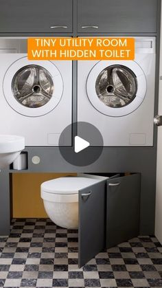 a washer and dryer in a bathroom with the words tiny utility room with hidden toilet