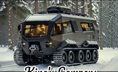 an armored vehicle driving through the snow in front of some trees and pine trees with text king's company