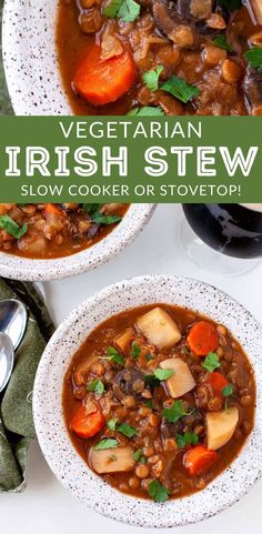 two bowls of vegetarian irish stew with carrots, potatoes and parsley on the side