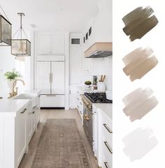 a kitchen with white cabinets and beige accents