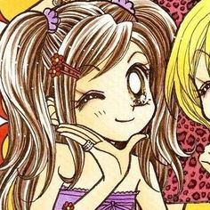 two cartoon girls with long hair and one has her hand on her face while the other holds