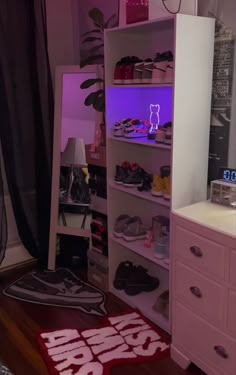 there is a closet with many shoes on the shelves and a rug in front of it