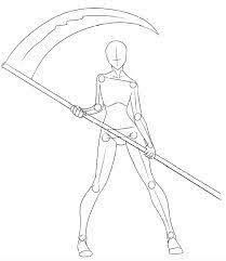 a line drawing of a woman holding an umbrella with one arm and two swords in the other hand