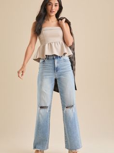 These jeans feature a flattering high-rise waist that's complete with the best stretch. The destructed knees and raw edge hem create a lived-in, well-loved look. Designed for versatile wear, these jeans effortlessly elevate your everyday style. White Dress Boots, High Waisted Distressed Jeans, Jeans For Women, Altar'd State, Good Stretches, Bottom Clothes, White Skirts, Everyday Style, Raw Edge