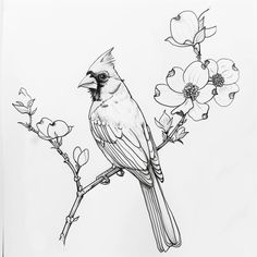 a black and white drawing of a bird sitting on a branch with flowers in the background