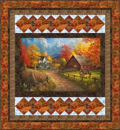 a quilt with a farm scene on it and autumn leaves in the foreground, along with an image of a country road