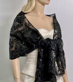 "--Rose Gold Sequins Embroidered Lace Shawl,Black Bridal Wrap, Bridal Wedding Scarf, Lace Bridesmaid Shawl,Party Dress Cover up-SF008 -- Rose gold or gold sequins floral embroidery is perfect for brides and bridesmaids. It is a stunning shawl perfect for those achieving a romantic look. Made in U.S.A. and Handmade **Measurement** Approximately 72\"Long x 14-16\" wide" Shawl Black, Wedding Scarf, Bridesmaid Shawl, Lace Bridesmaids, Bridal Wrap, Black Bridal, Rose Gold Sequin, Lace Shawl, Romantic Look