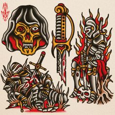 an old school tattoo design with skulls and swords