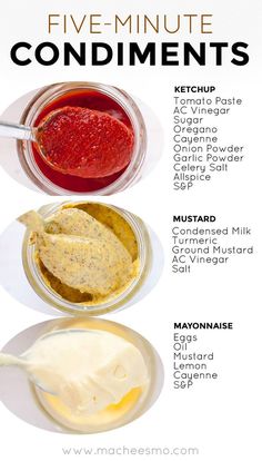 four different types of condiments are shown in this poster, with the words five - minute condiments