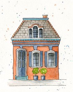 a watercolor painting of a house with two potted plants