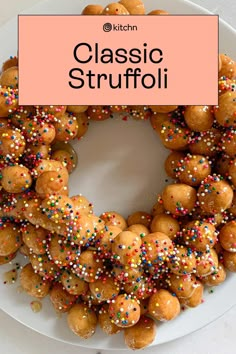 a white plate topped with donuts covered in sprinkles and the words classic strutfoil