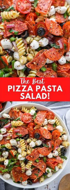 Pizza pasta salad with pepperoni and mozzarella balls tossed in a tangy Italian vinaigrette in a white bowl surrounded by fresh sliced basil and garlic bread. Things To Make With Mozzarella Balls, Superbowl Pasta Salad, Hot Honey And Pepperoni Pizza Pasta Salad, Pepperoni Pizza Salad, Dishes To Pass At A Cookout, Pepperoni Salad Pasta, Pasta Salad Mozzarella Balls, Peperoni Pasta Salad, Pepperoni Pasta Salad Recipes