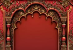 an ornate arch with red walls and gold trimmings on the sides, in front of a red background