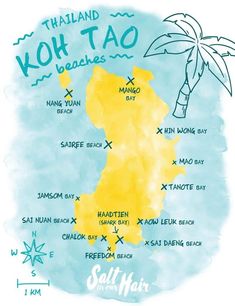 a watercolor map of the island of koh tao with names and locations