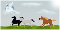 three horses are running in the grass with one horse flying above them and another horse standing on its hind legs