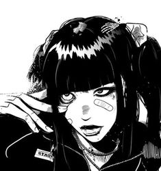 an anime character with black hair and piercings on her face, looking at the camera