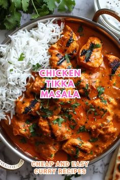 chicken tikka masala with white rice and garnished with cilantro