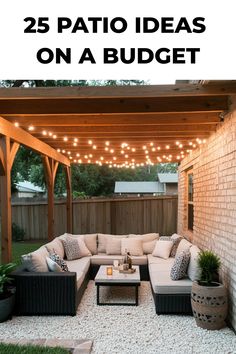 Cozy patio setup with string lights, a large sectional sofa, and a small table. Small Backyard Porch Ideas On A Budget, Inexpensive Back Porch Ideas, Simple Back Porch Ideas Budget, Easy Diy Backyard Patio, Cheap Backyard Patio Ideas, 10 X 10 Patio Ideas, Diy Patio Ideas On A Budget How To Build, Inexpensive Patio Cover Ideas, Small Backyard Ideas On A Budget Diy Simple Garden Design