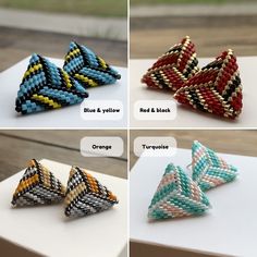 four different types of beaded triangle earrings