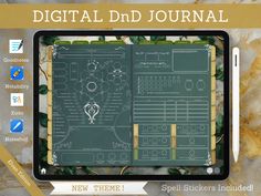 the digital journal is displayed on a tablet with gold trimmings and green leaves