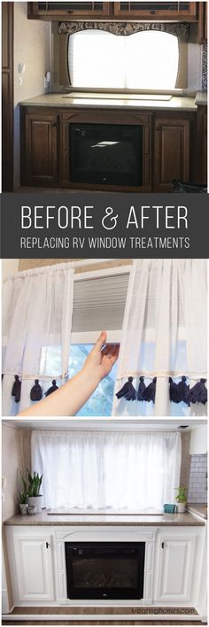 the before and after pictures of an rv window treatment