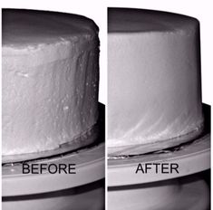 before and after photos of a cake being frosted