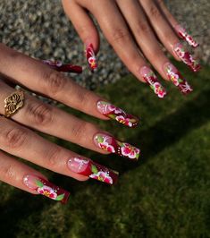 Pretty Flower Nails, Red Nails Acrylic Summer, Orchid Flower Nails, Red Summer Acrylic Nails, Rose Acrylic Nails Design, Red Nails With Roses, Red 3d Flower Nails, Pink Mexican Nails, Mexican Flower Nails