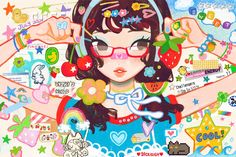 a painting of a girl with glasses and various stickers on her face, surrounded by stars