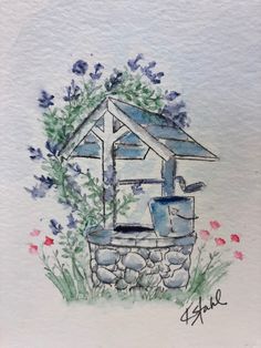 a watercolor drawing of a birdhouse with flowers and rocks in the foreground