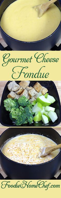 four different types of cheese fondant in pans with broccoli and bread