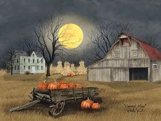 a painting of an old farm with pumpkins in the wagon