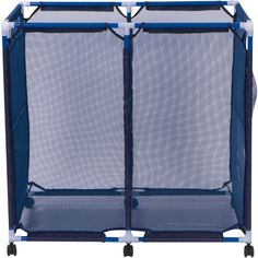 a blue and white playpen with two doors