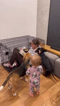 a small child standing next to a dog in a cage and another person sitting on the floor