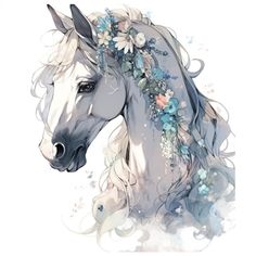 a drawing of a horse with flowers on it's head and long manes