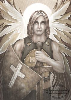 a painting of an angel holding a shield with wings and a cross on the chest