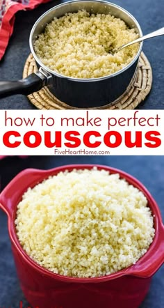 how to make perfect couscous in a red casserole dish with text overlay